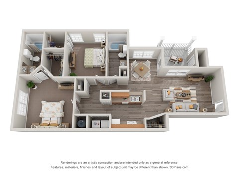 A 3D floor plan of a house with a kitchen, living room, and bedrooms.